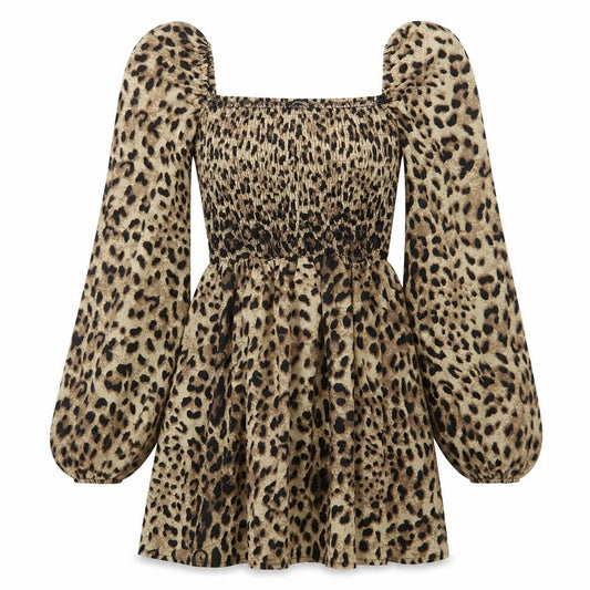 PRETTYLITTLETHING Women’s Brown Leopard Mini Dress Size 2 Puff Sleeve