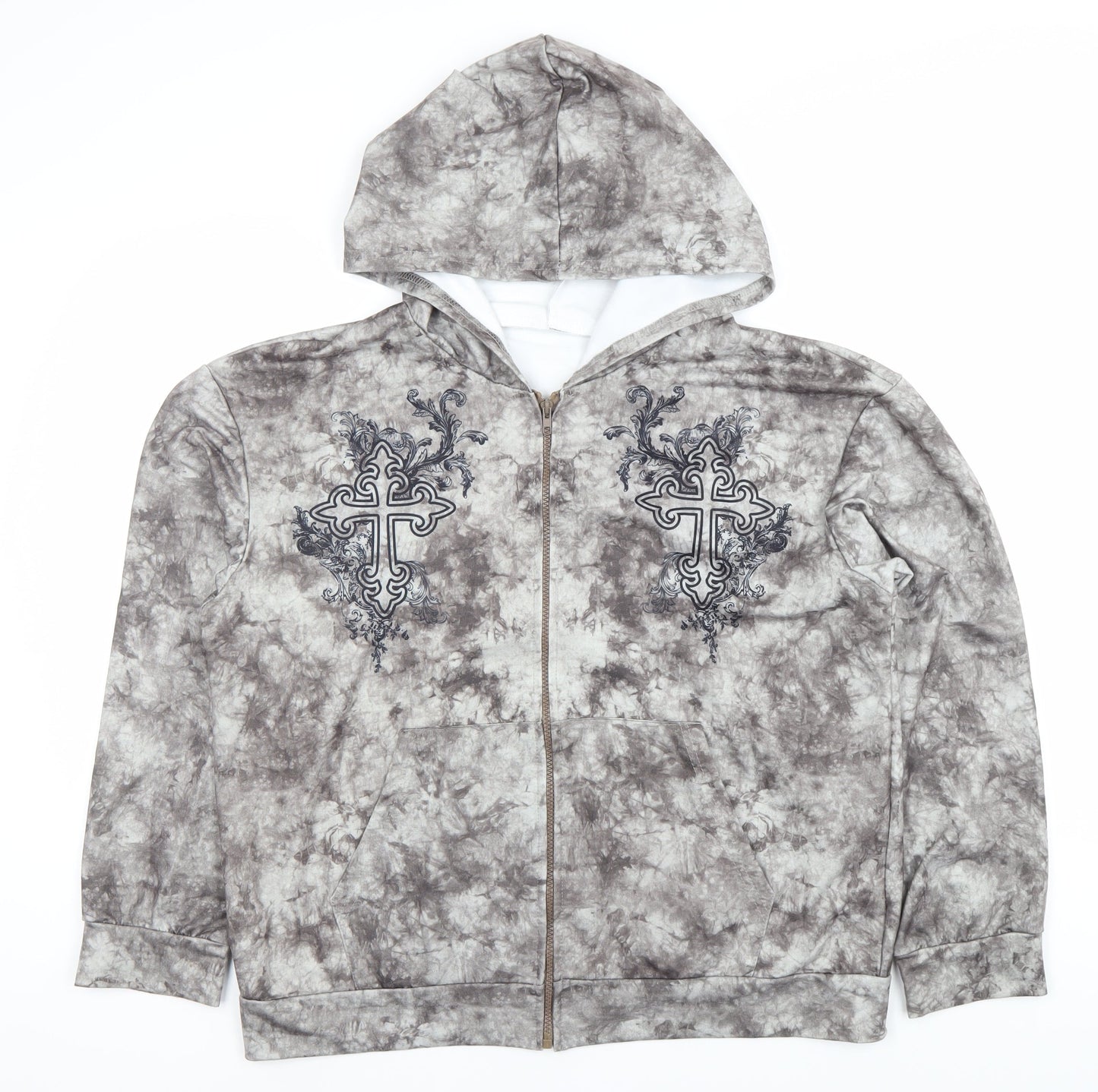 ROMWE Women’s Grey Tie-Dye Full Zip Hoodie Size 12 Embroidered Cross