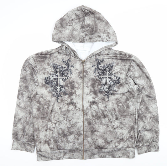 ROMWE Women’s Grey Tie-Dye Full Zip Hoodie Size 12 Embroidered Cross