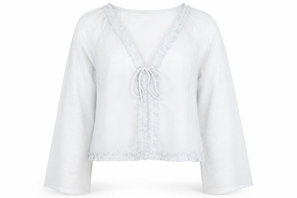 Light Before Dark Women’s Grey Wrap Blouse L Ruffle Tie Sheer Spring