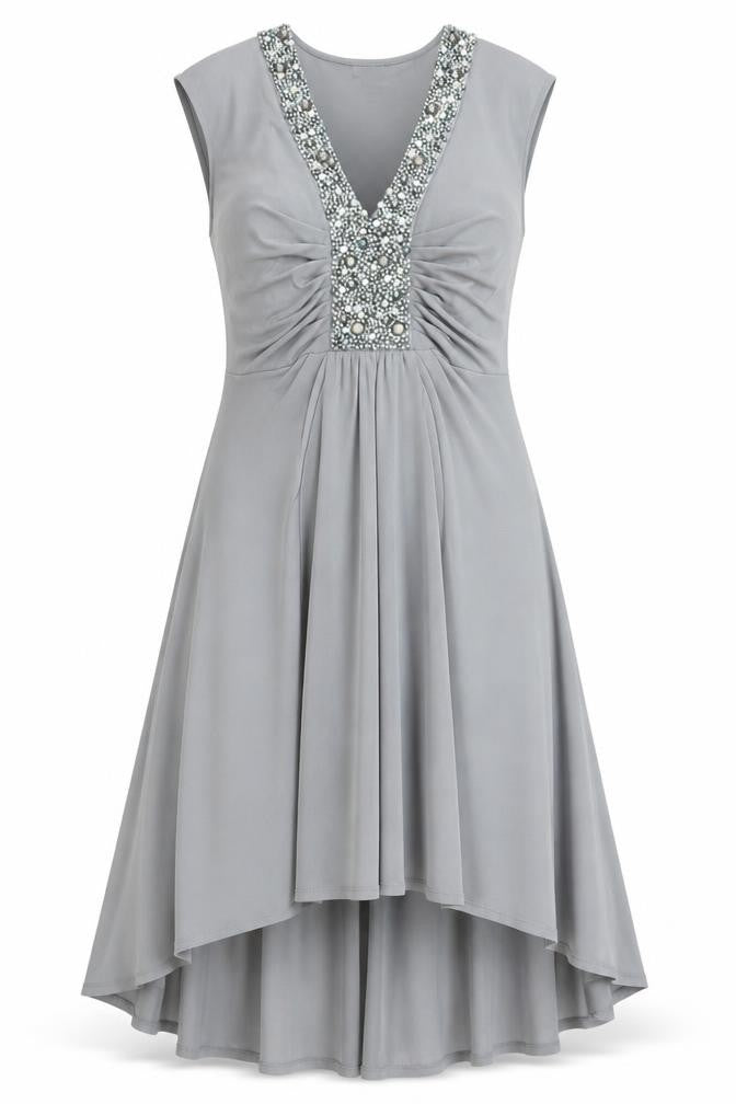 Frank Lyman Women's Grey Size 12 Beaded V-Neck Fit & Flare Dress