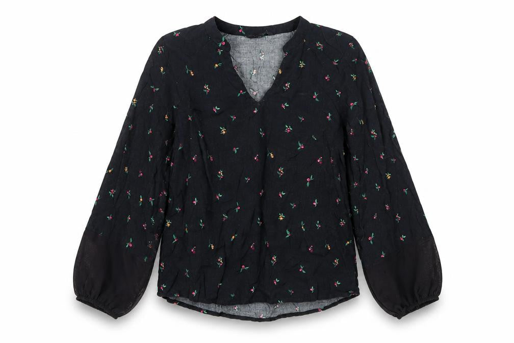 Top Secret Women Black Floral Embroidered Tunic Blouse Size 6