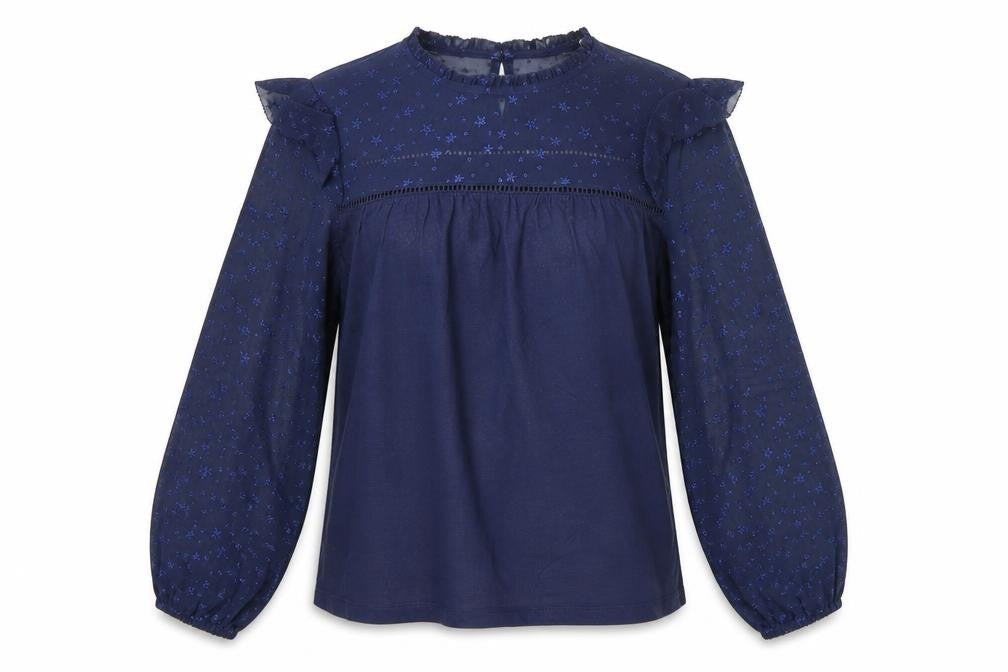 FatFace Women's Blue Ruffle Sheer Sleeve Star Blouse Size 8
