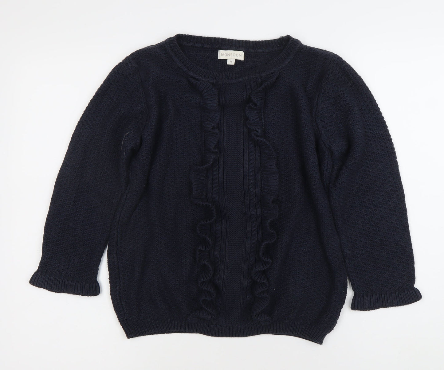 Monsoon Women's Blue Cable-Knit Ruffle Pullover Jumper M