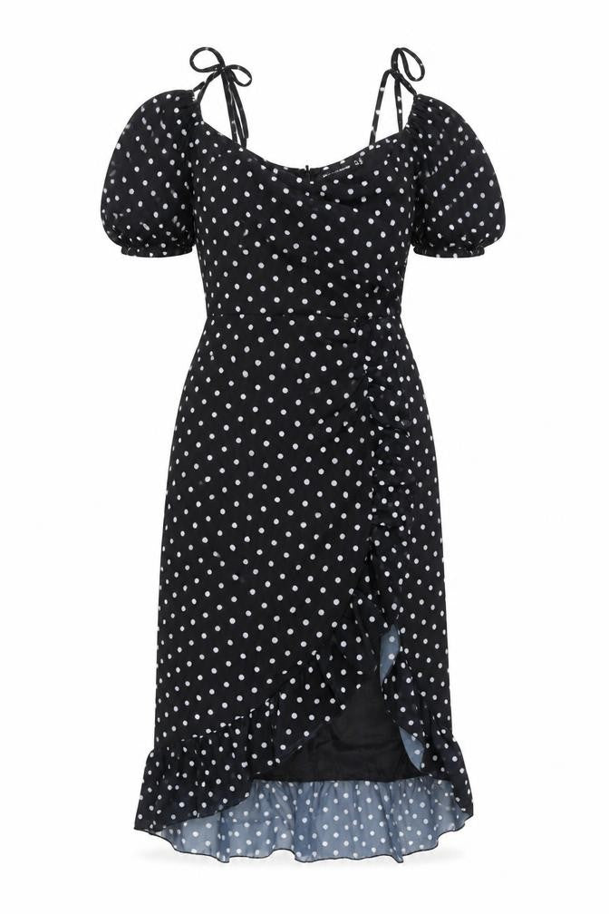 PRETTYLITTLETHING Women's Black Polka Dot Midi Wrap Dress Size 4