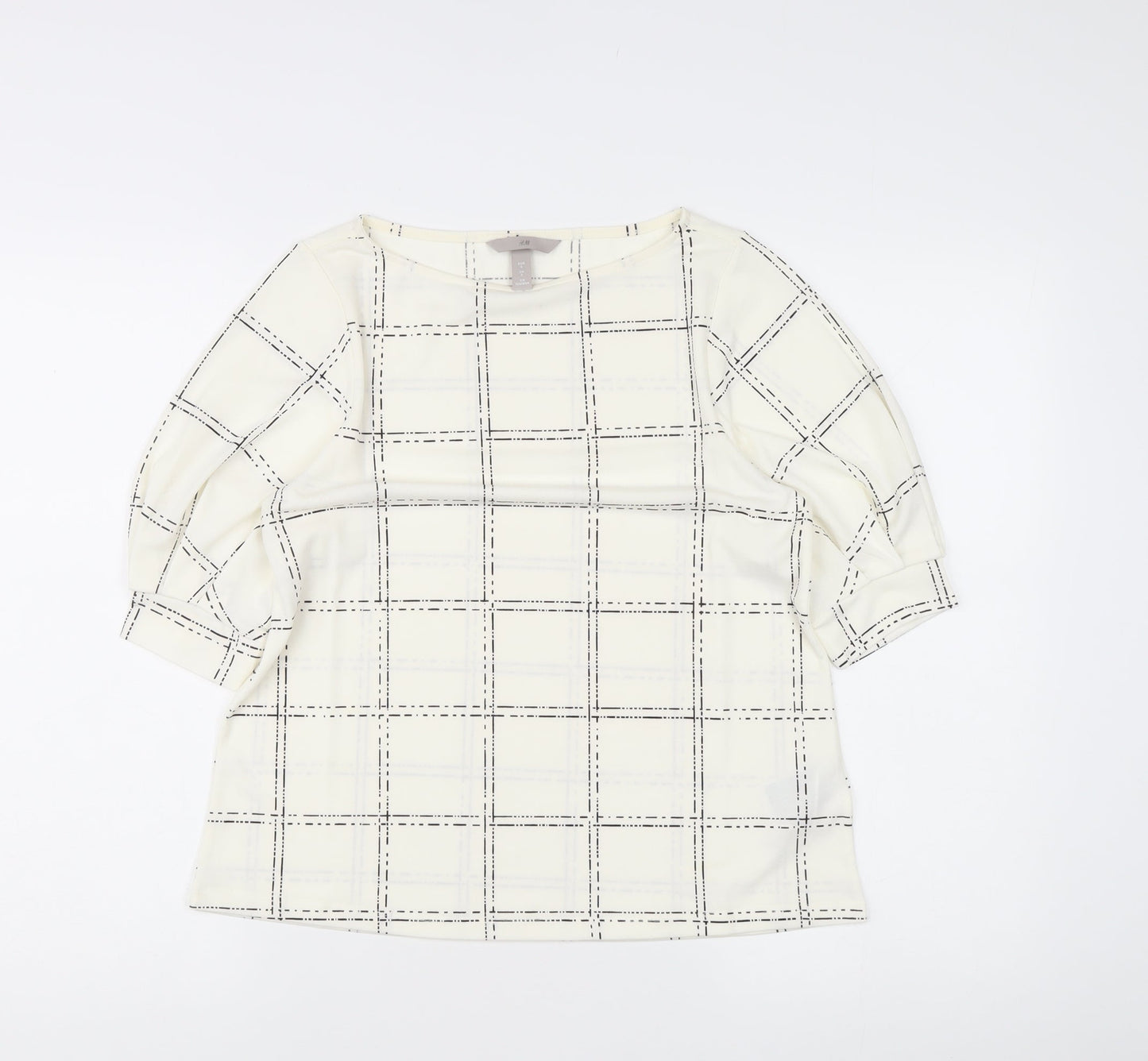H&M Women's Ivory Check Blouse Small Boat Neck 3/4 Sleeve