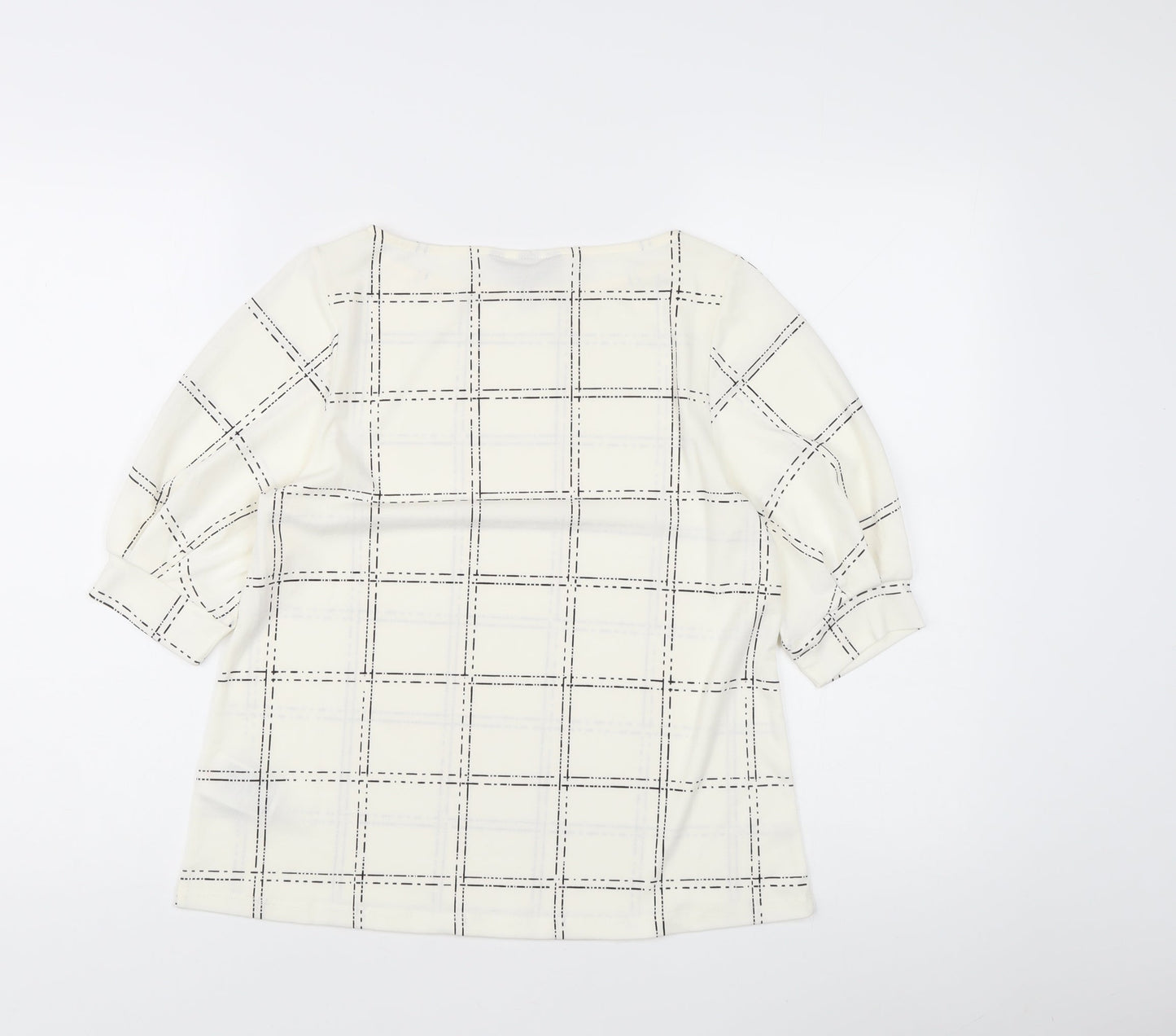 H&M Women's Ivory Check Blouse Small Boat Neck 3/4 Sleeve