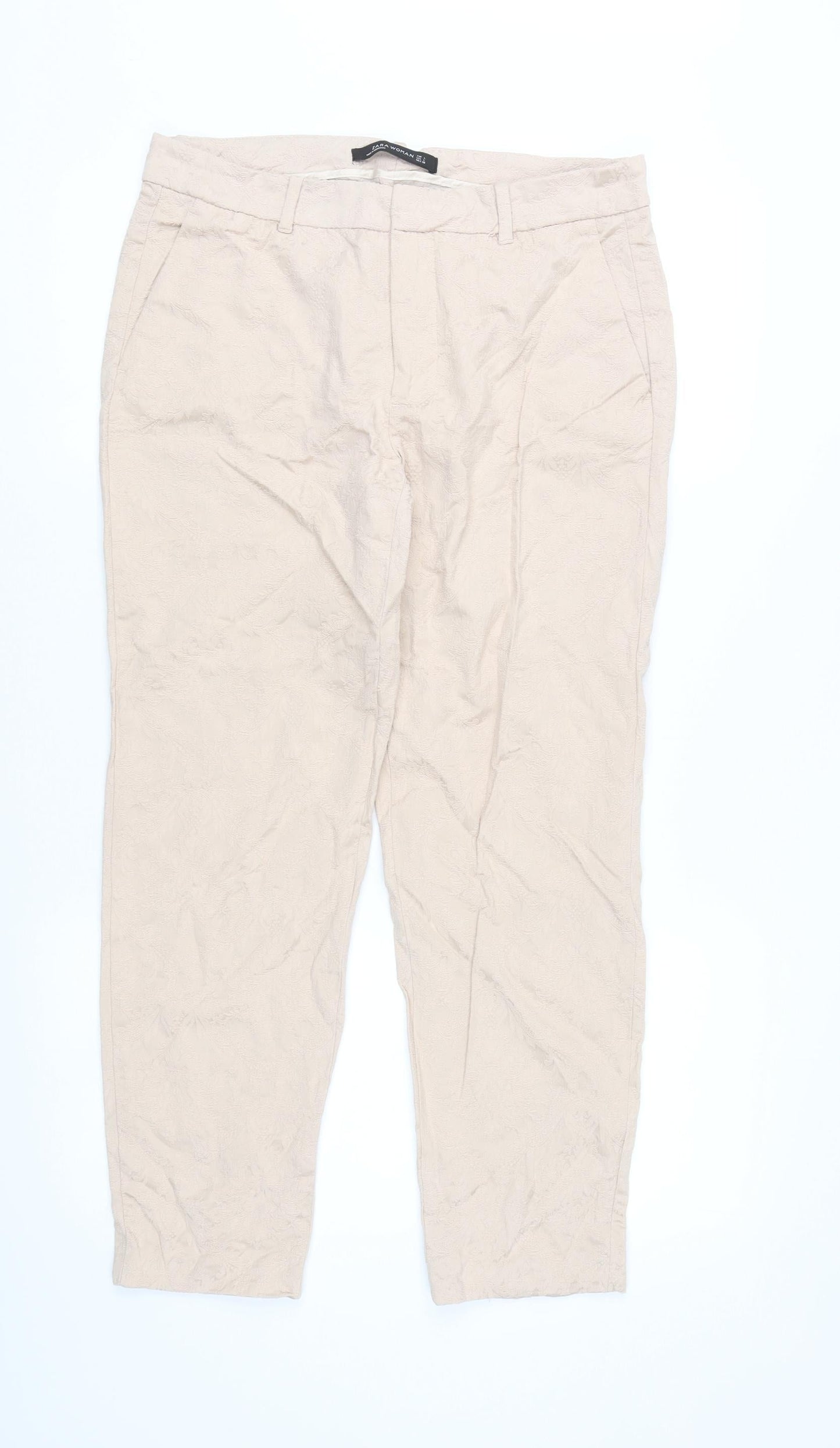 Zara Woman Beige Jacquard Straight Leg Trousers Women L Regular Fit