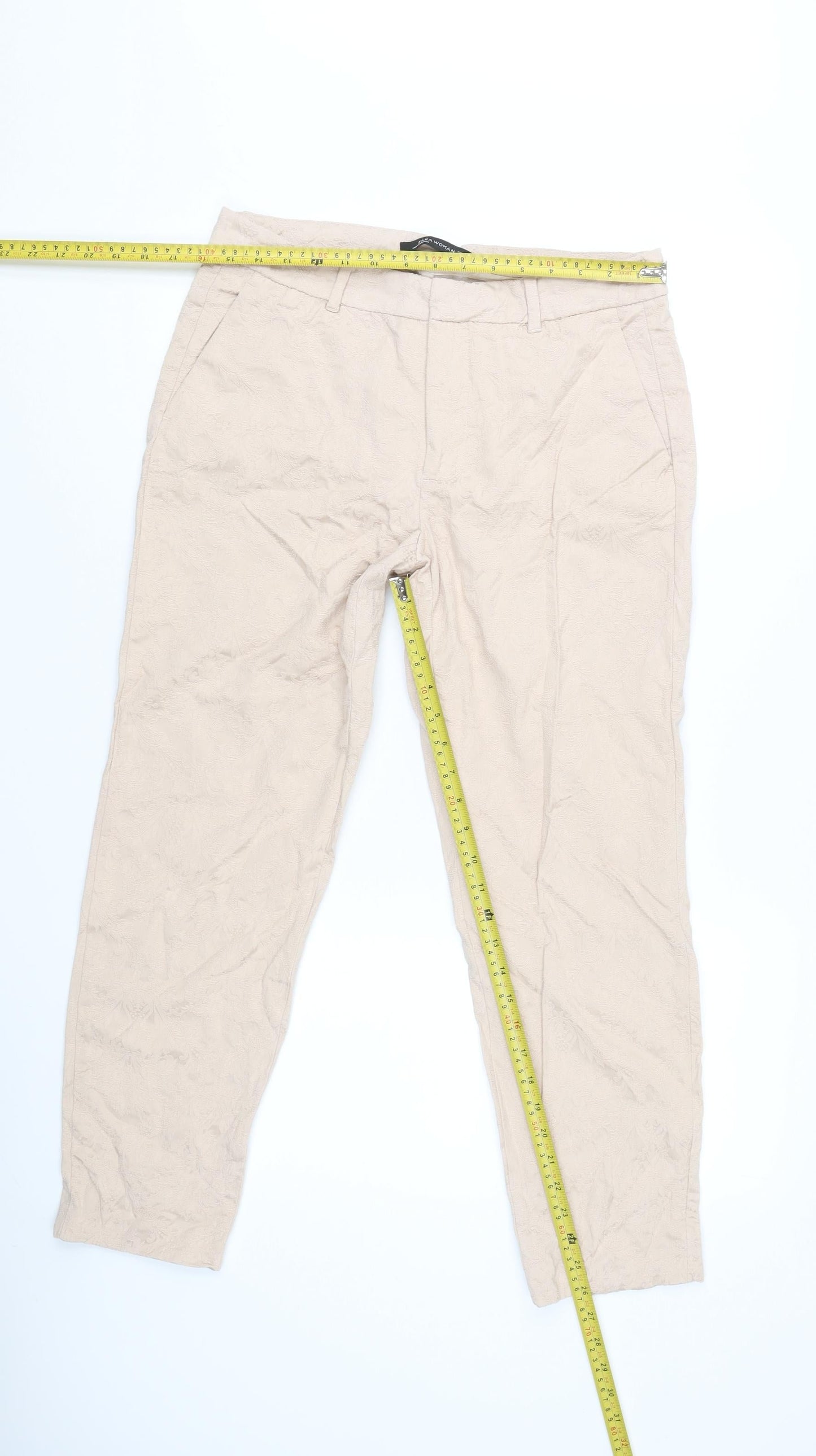 Zara Woman Beige Jacquard Straight Leg Trousers Women L Regular Fit