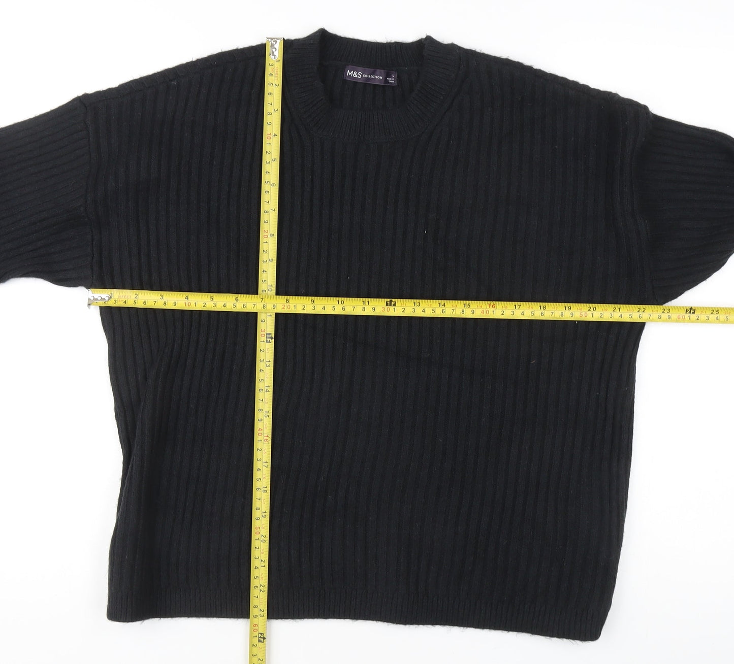 Marks and Spencer Women's Black L Rib-Knit Crew Neck Jumper