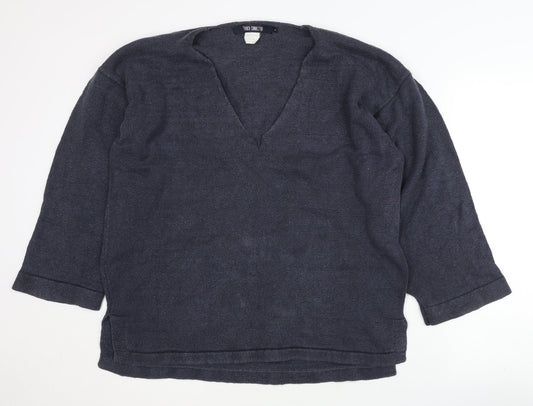 French Connection Women's Blue L Silk Blend V-Neck Jumper