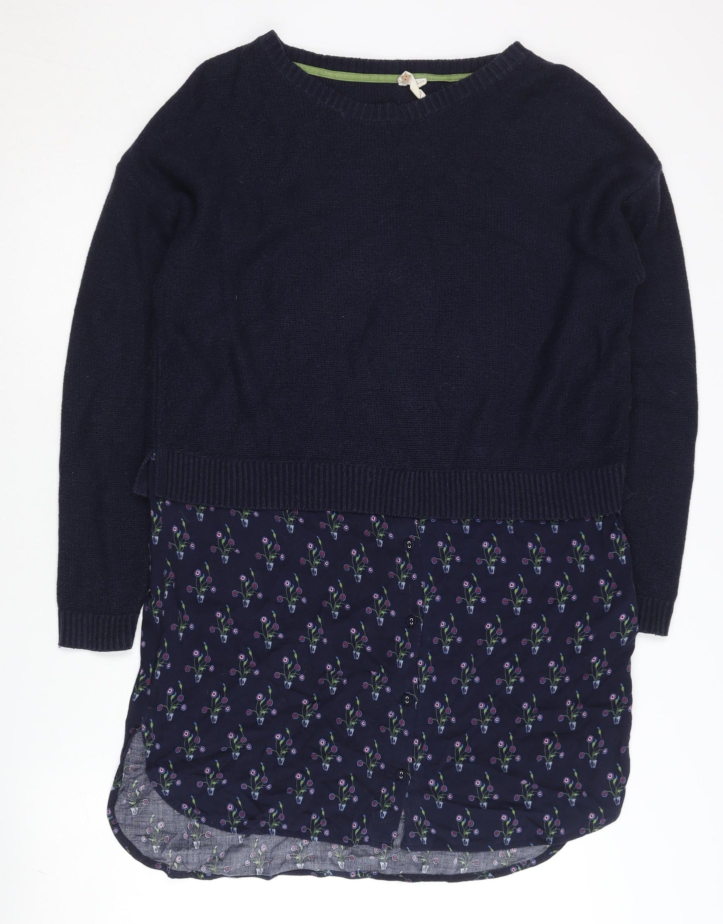 White Stuff Women's Blue Floral Layered Hem Long Sleeve Jumper Size 12