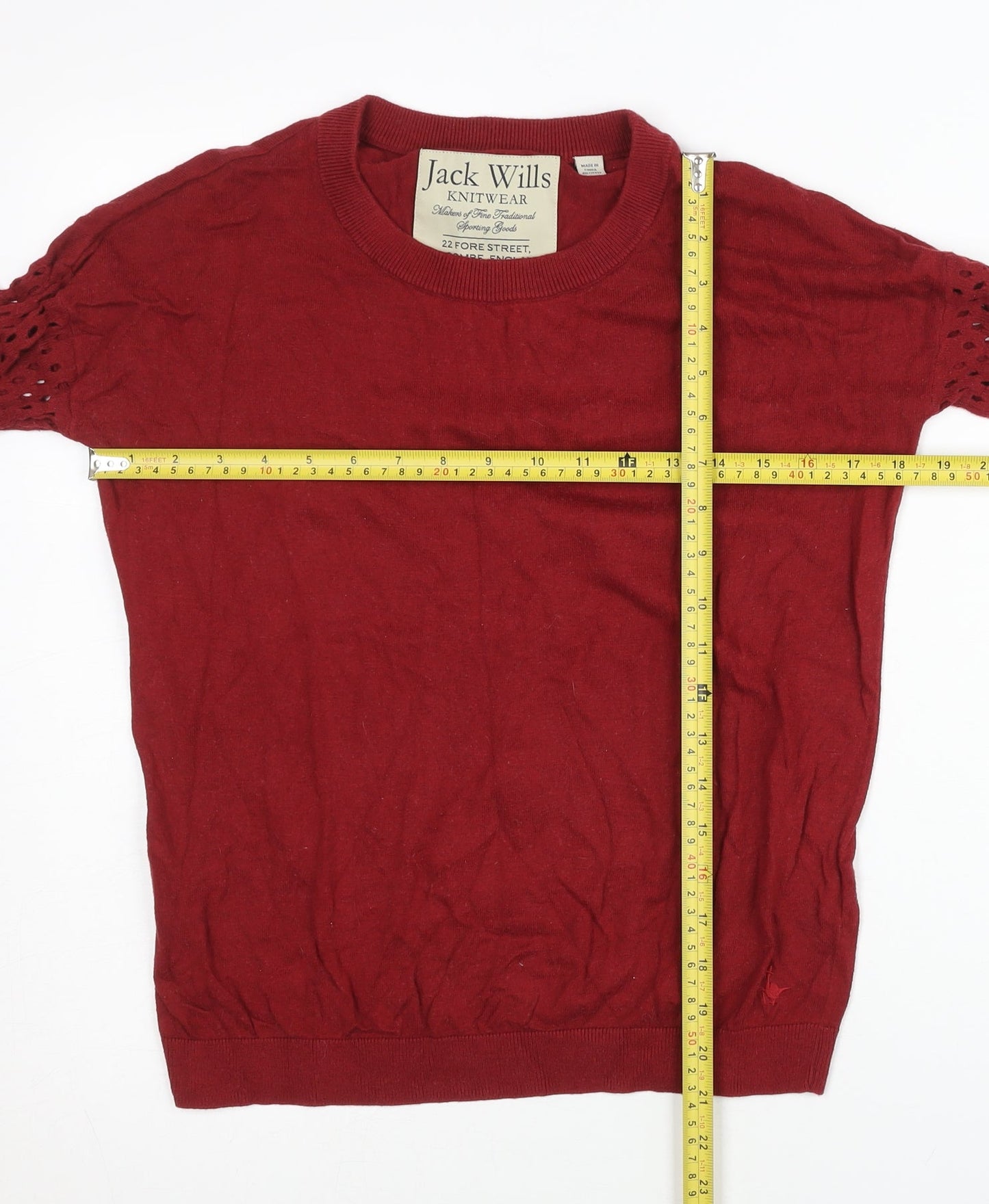 Jack Wills Women's Red Size 8 Crew Neck Crochet Sleeve Jumper