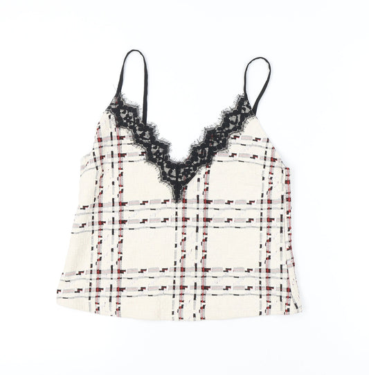 Zara Women Ivory Check Lace Trim Camisole Top Size 12
