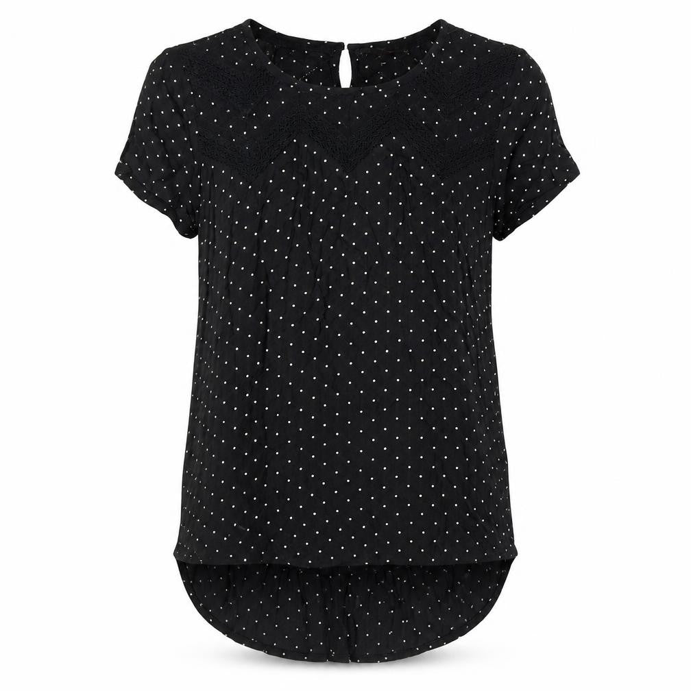 F&F Women’s Black Polka Dot Crochet Trim Tunic Blouse Size 10