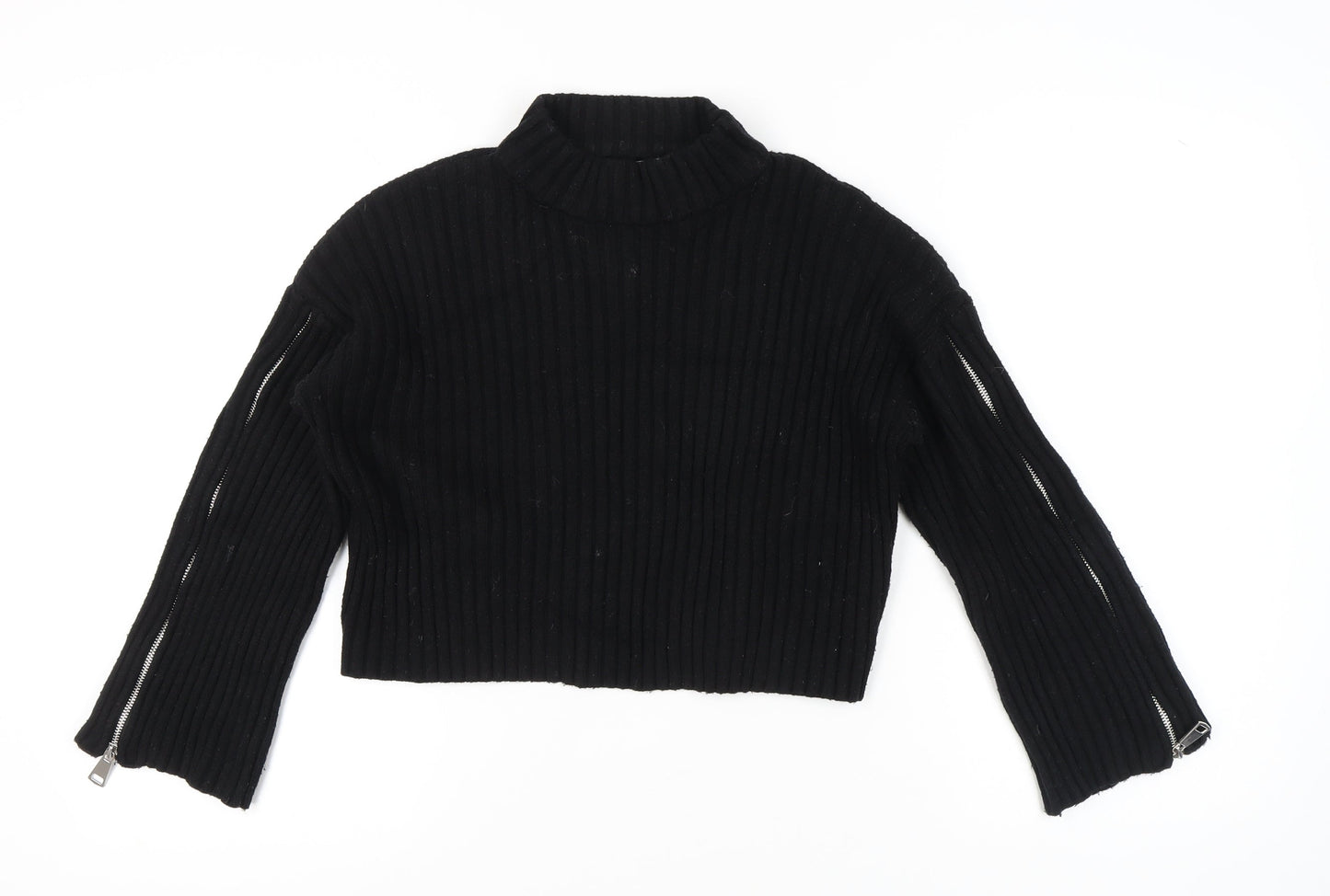 Zara Women’s Black Rib-Knit Mock Neck Pullover Jumper Size 12