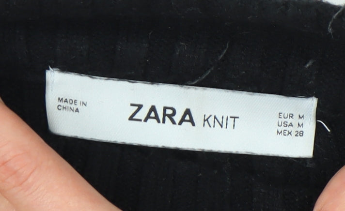 Zara Women’s Black Rib-Knit Mock Neck Pullover Jumper Size 12