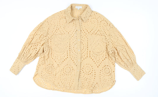 Warehouse Women’s Beige Cotton Embroidered Button-Up Shirt Size 8