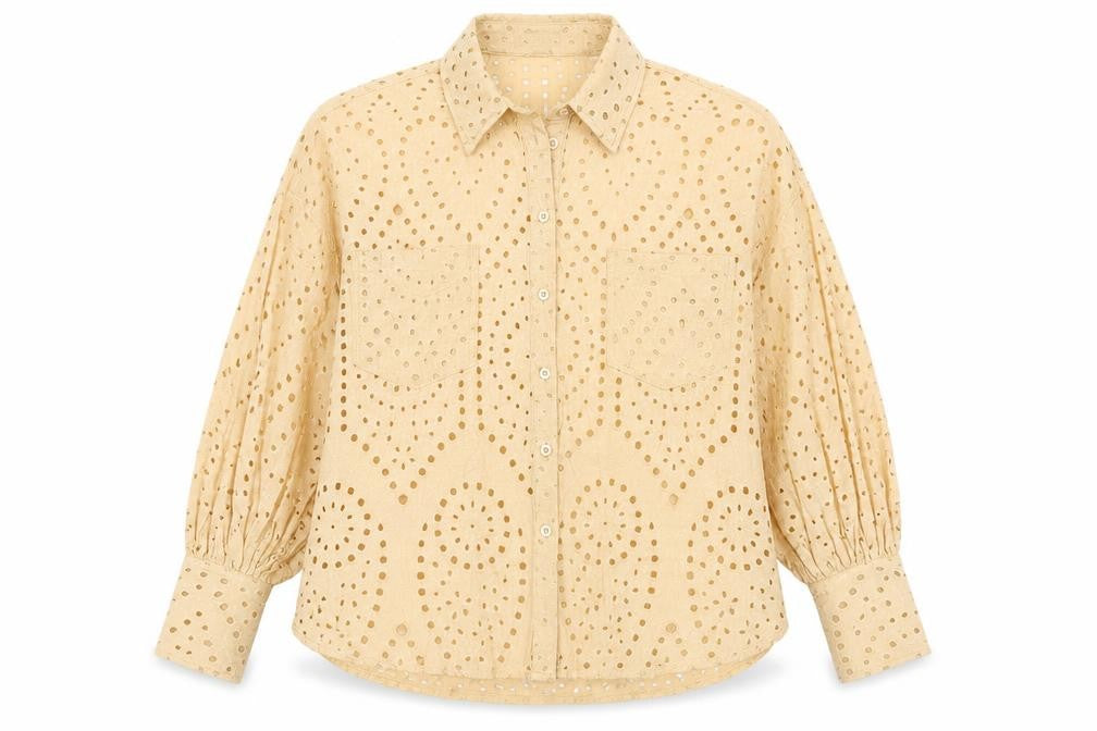Warehouse Women’s Beige Cotton Embroidered Button-Up Shirt Size 8