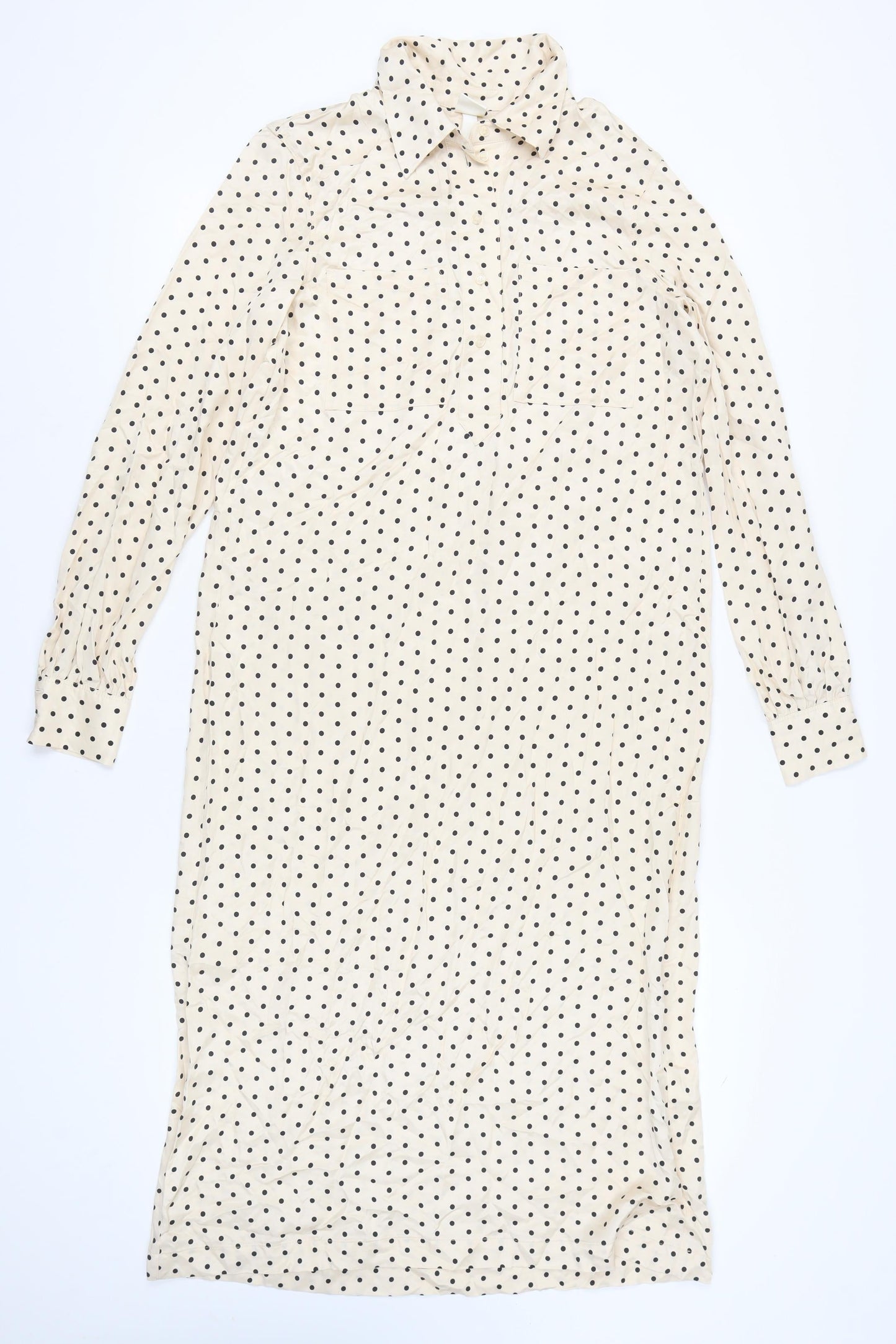 H&M Women’s Beige Polka Dot Collared Long Sleeve Shirt Dress XS