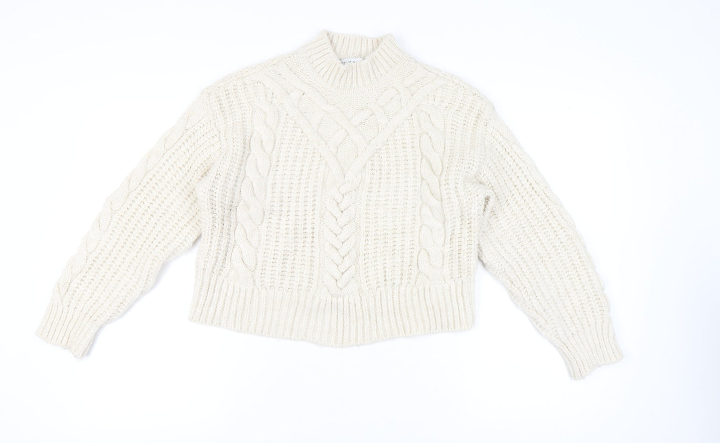 Bershka Women’s Ivory Cable-Knit Mock Neck Jumper Size 12