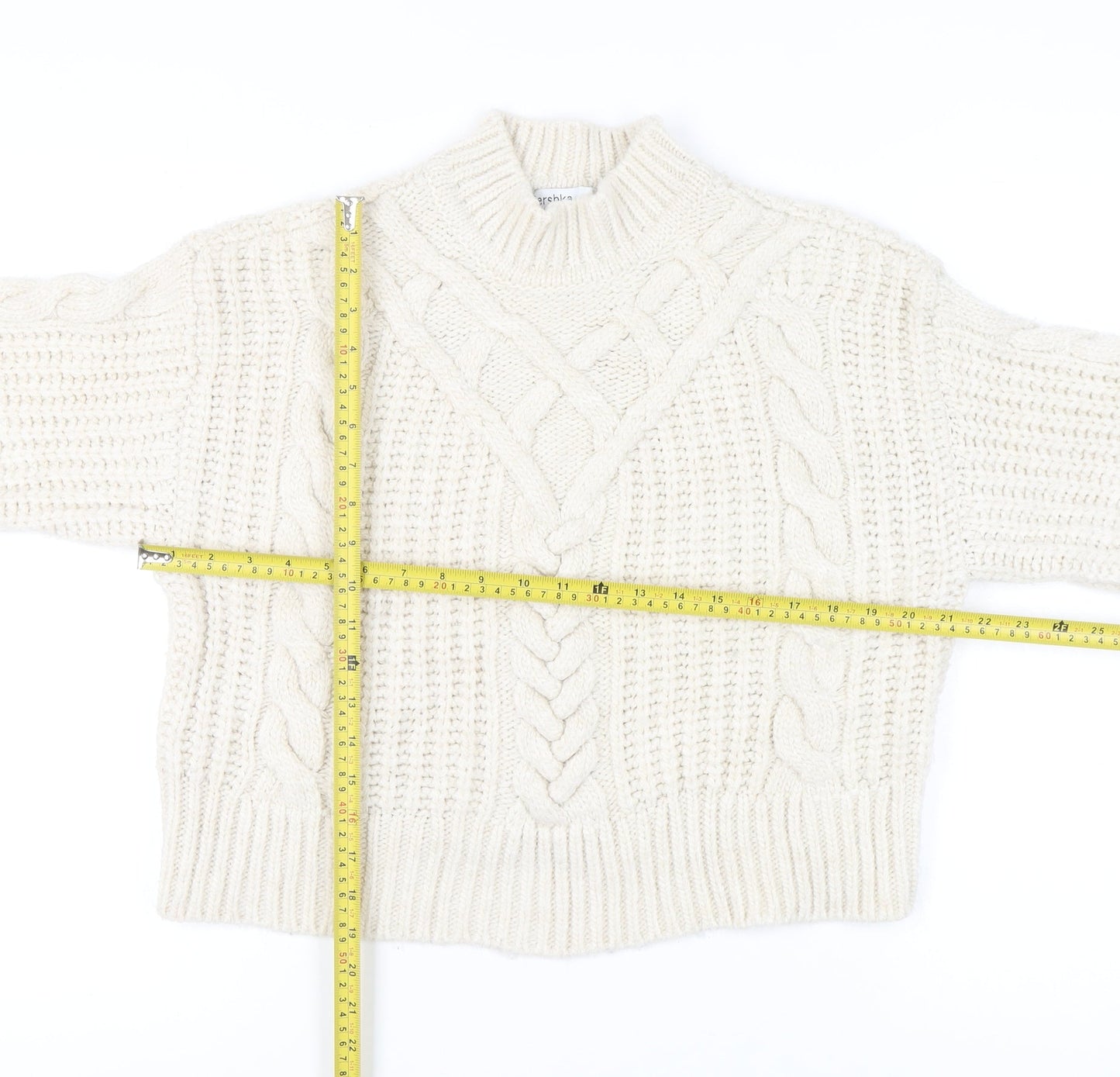 Bershka Women’s Ivory Cable-Knit Mock Neck Jumper Size 12