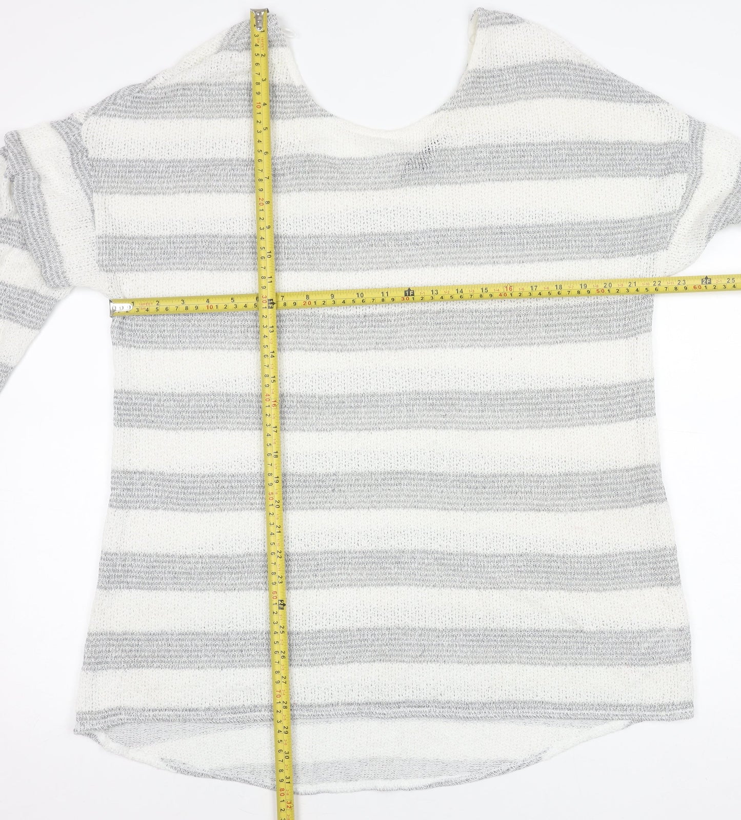 Next Women's Grey Striped Open-Knit Scoop Neck Jumper Size 18