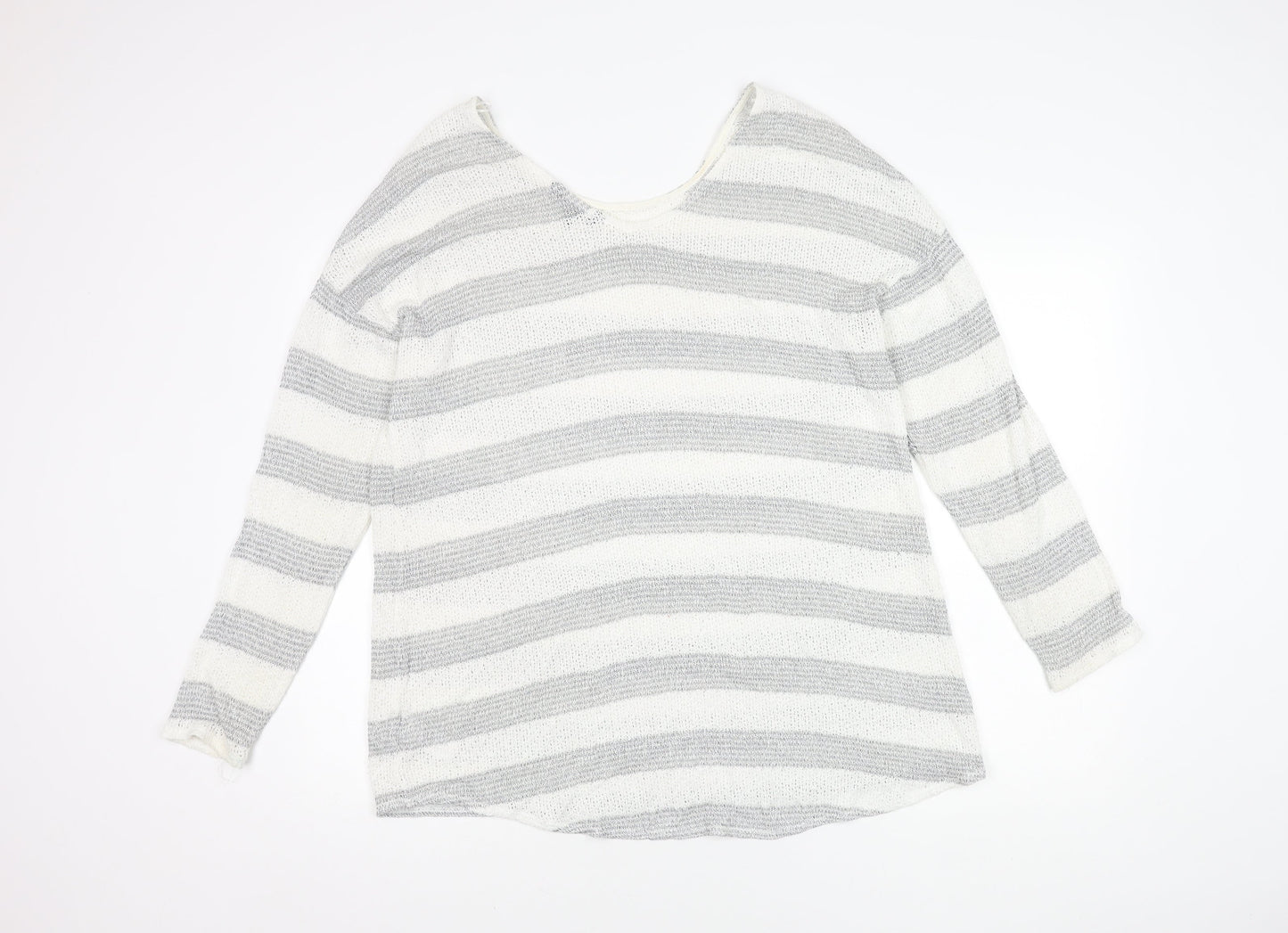 Next Women's Grey Striped Open-Knit Scoop Neck Jumper Size 18