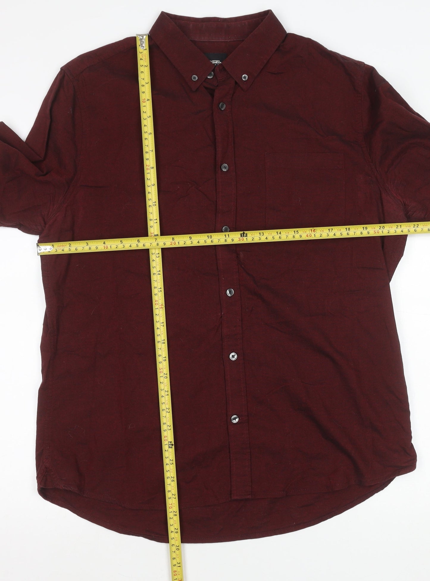 Burton Menswear London Men's Red Linen Cotton Long Sleeve Button-Up Shirt L