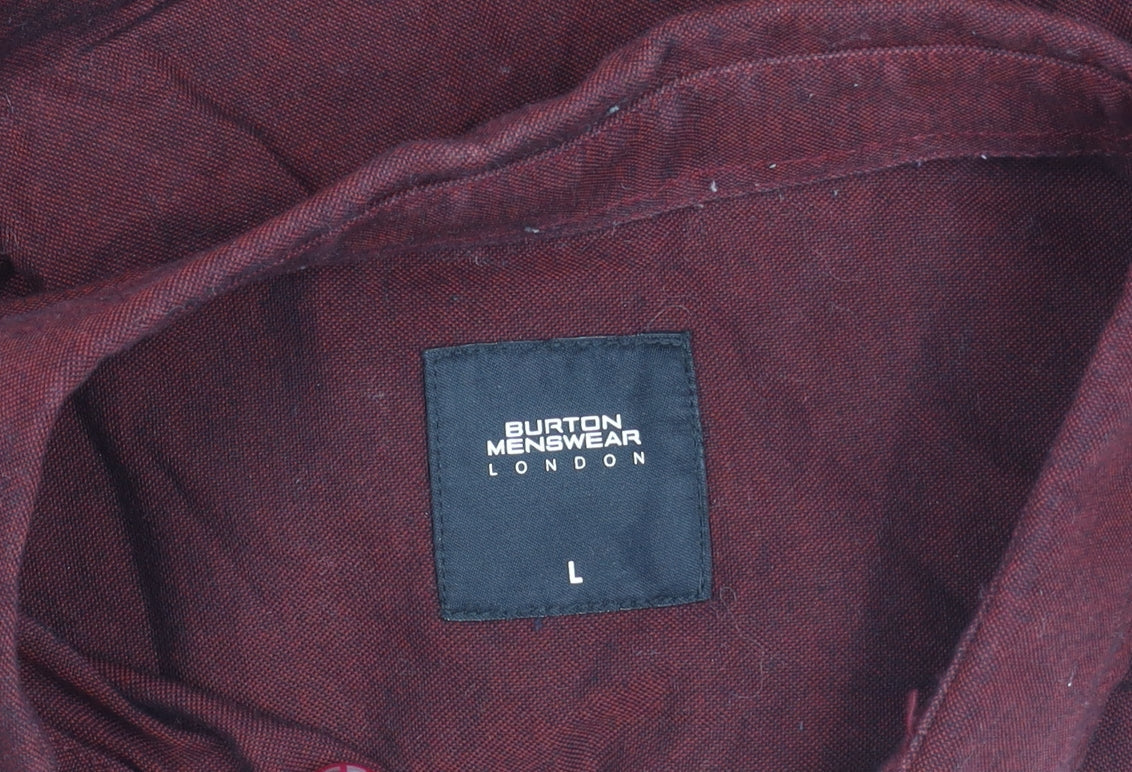 Burton Menswear London Men's Red Linen Cotton Long Sleeve Button-Up Shirt L