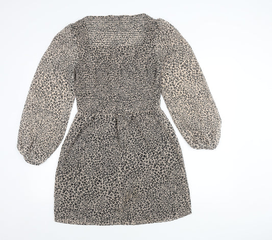 &et Women’s Beige Leopard Print Mini Dress Size 10 Puff Sleeves
