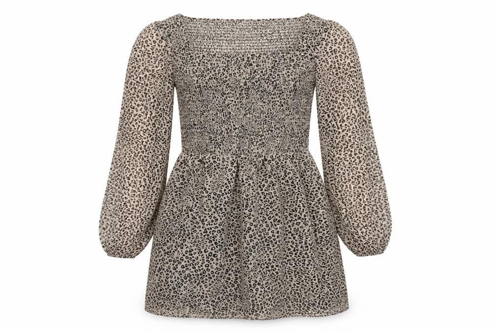 &et Women’s Beige Leopard Print Mini Dress Size 10 Puff Sleeves