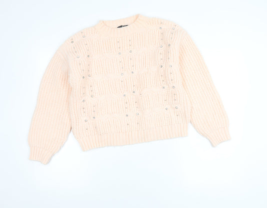 Quiz Women's Beige Beaded Chunky Knit Crew Neck Jumper Size S
