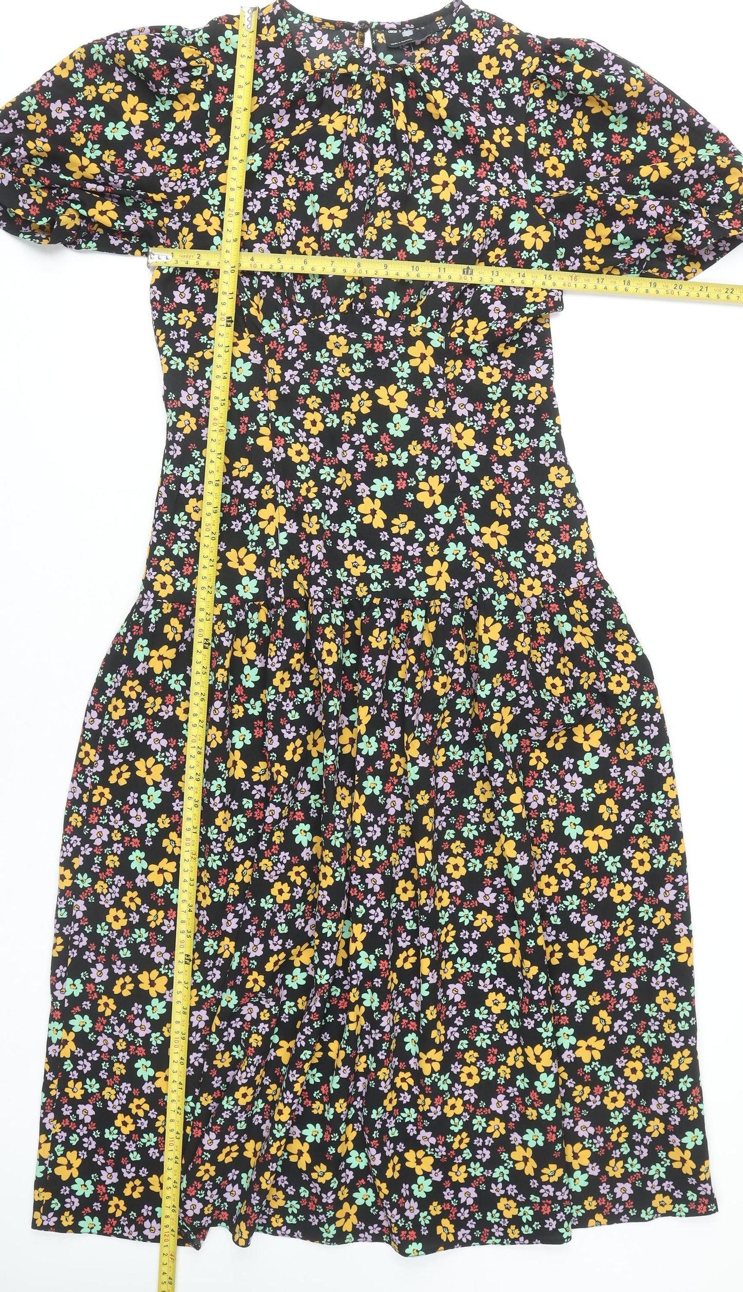 ASOS DESIGN Women's Multicoloured Floral Midi A-Line Puff Sleeve Dress Size 10