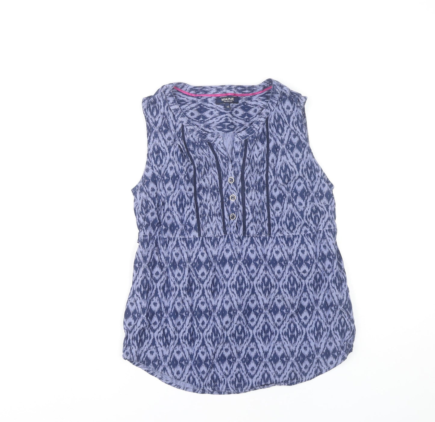 Maine New England Women’s Blue Geometric Cotton Sleeveless Tunic Blouse Size 10