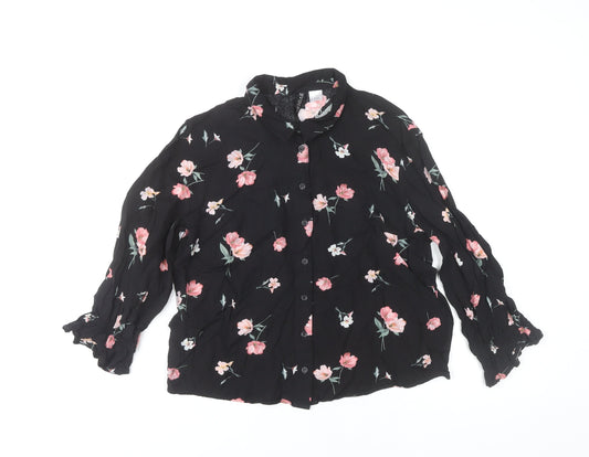 H&M Women’s Black Floral Collared Long Sleeve Blouse UK 6