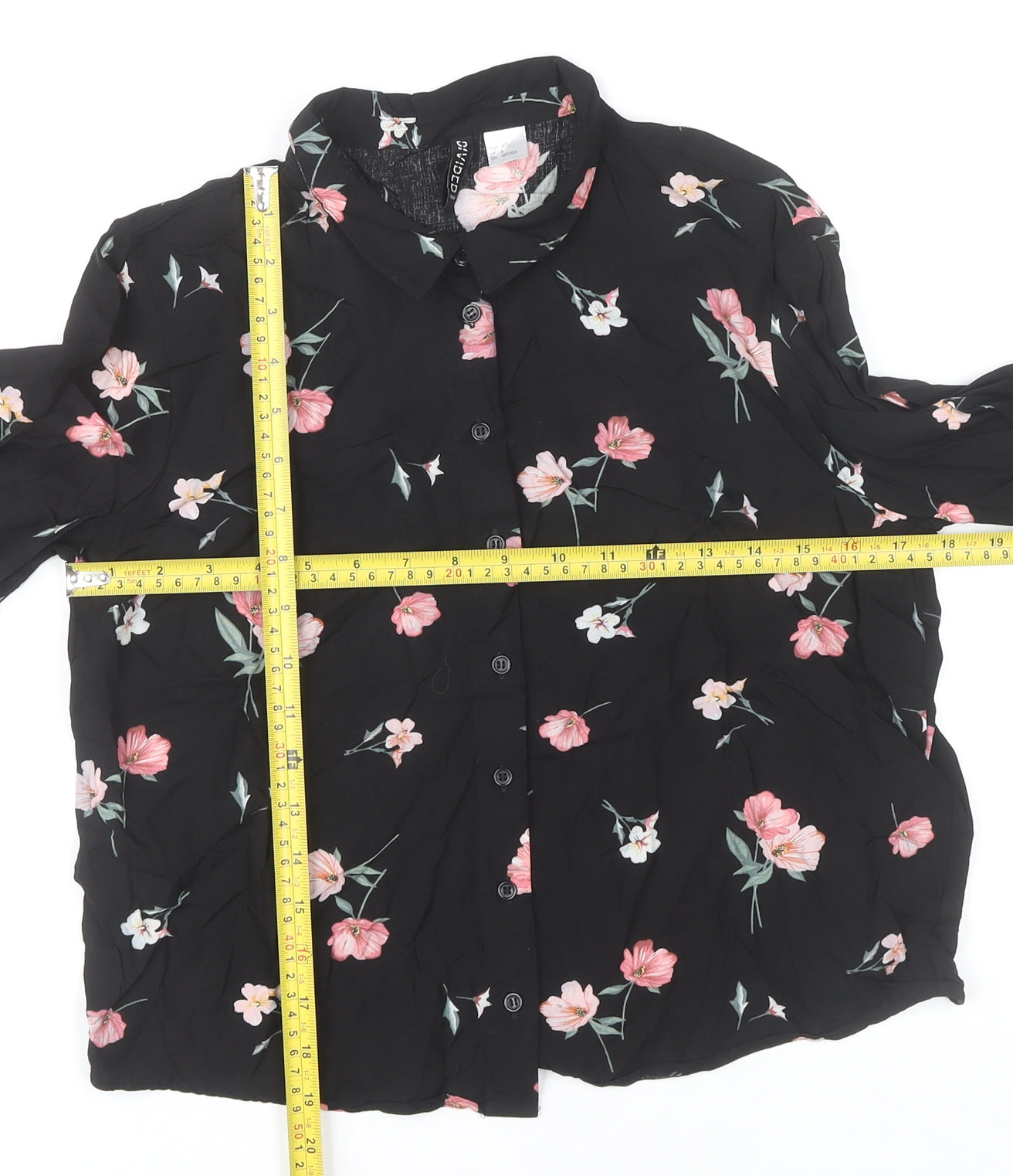 H&M Women’s Black Floral Collared Long Sleeve Blouse UK 6