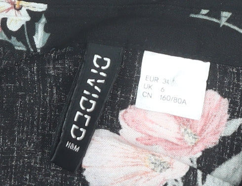 H&M Women’s Black Floral Collared Long Sleeve Blouse UK 6