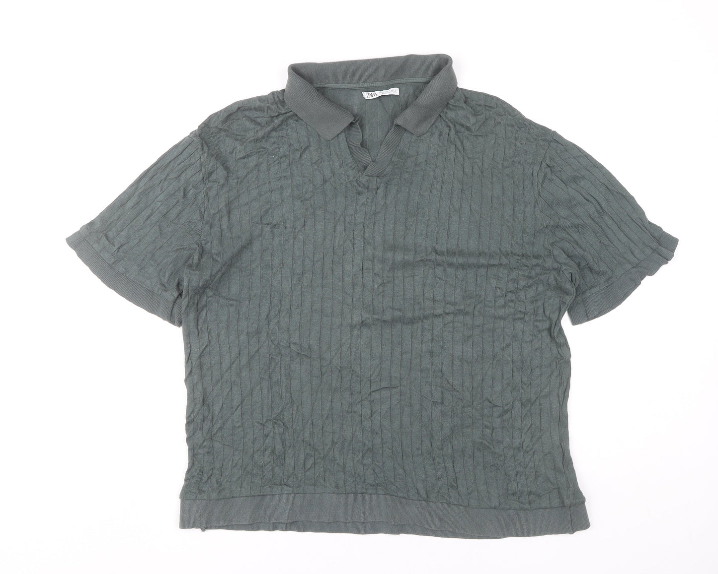 Zara Men’s Green XL Linen Blend Short Sleeve Polo Shirt