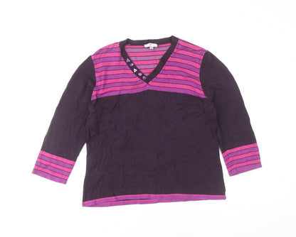 Country Casuals Women's Purple Striped V-Neck 3/4 Sleeve Pullover Jumper M