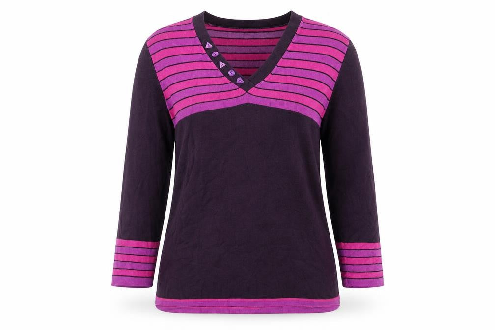 Country Casuals Women's Purple Striped V-Neck 3/4 Sleeve Pullover Jumper M