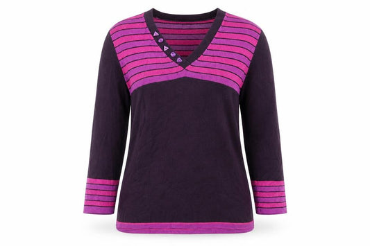 Country Casuals Women's Purple Striped V-Neck 3/4 Sleeve Pullover Jumper M