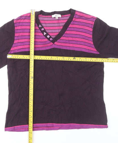 Country Casuals Women's Purple Striped V-Neck 3/4 Sleeve Pullover Jumper M