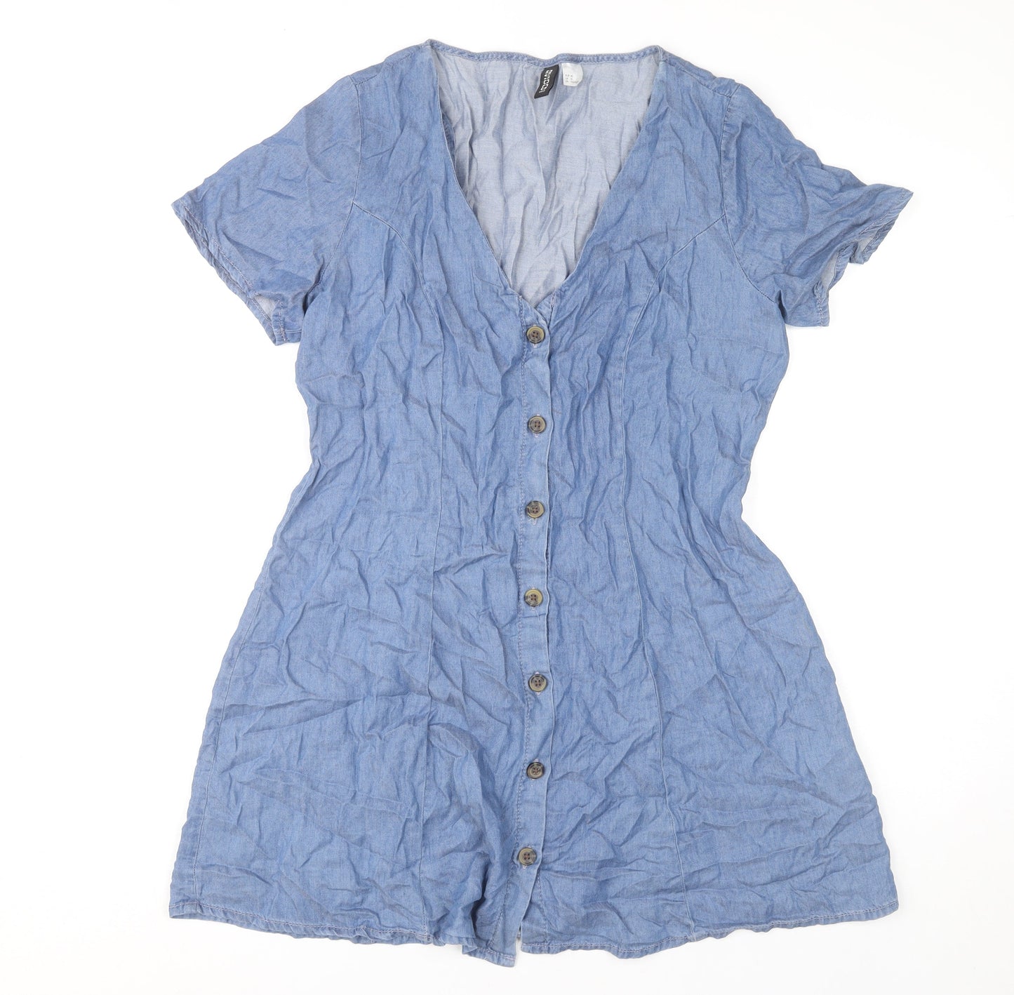 H&M Women’s Blue Short Shirt Dress UK 12 V-Neck Button Casual