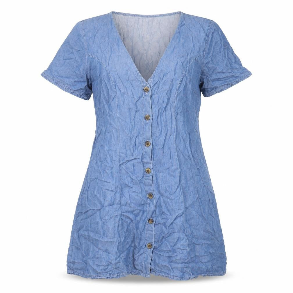 H&M Women’s Blue Short Shirt Dress UK 12 V-Neck Button Casual