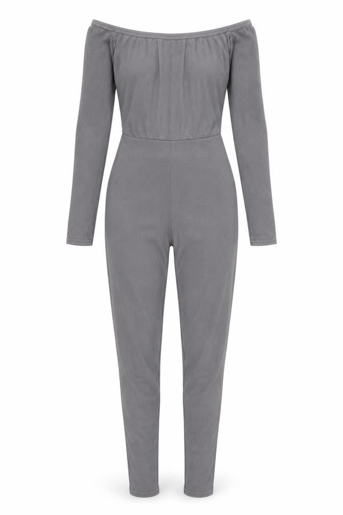 PrettyLittleThing Women’s Grey Off-Shoulder Ribbed Catsuit Size 4