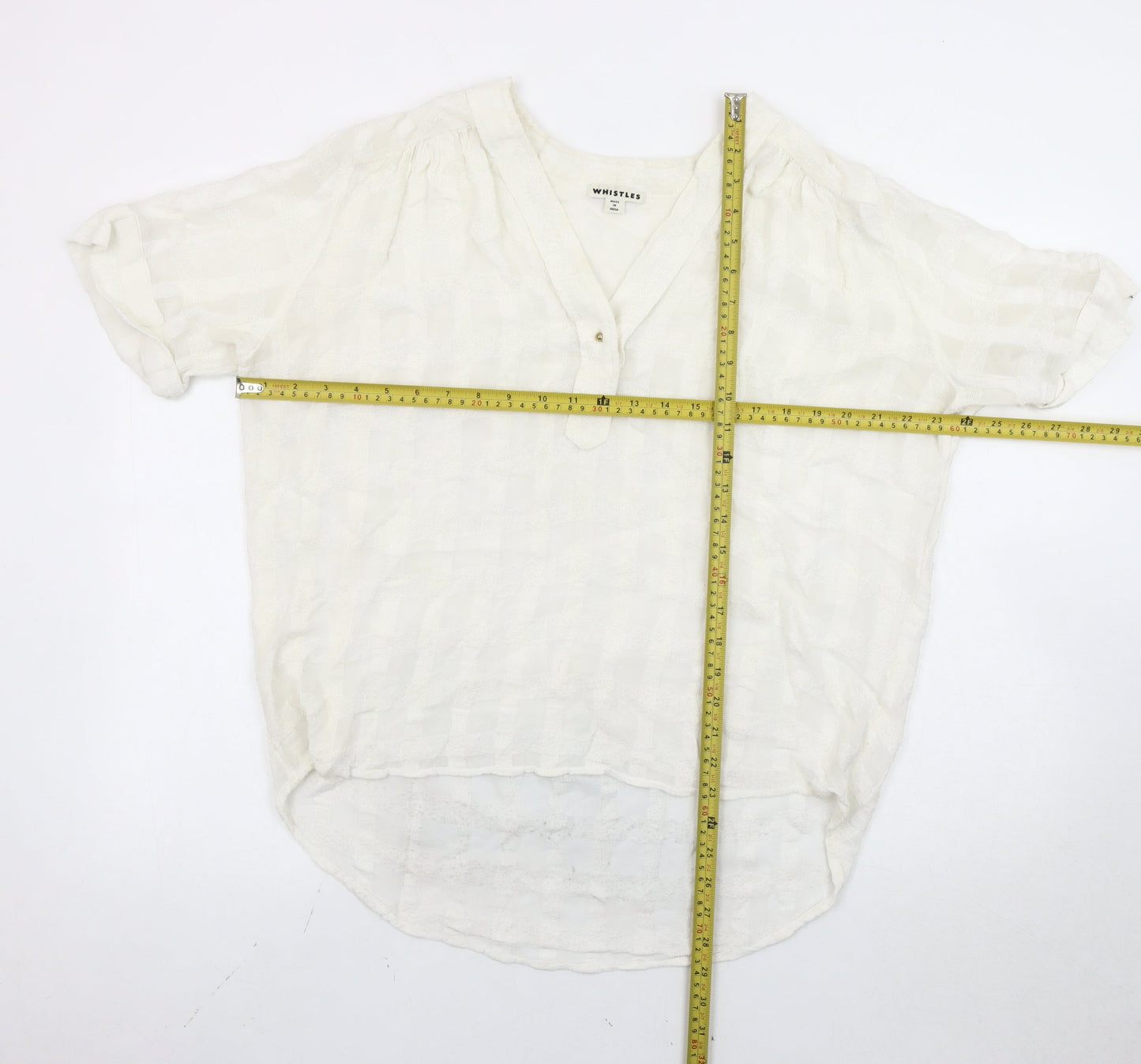 Whistles Women Ivory Check Cotton Tunic Blouse L Short Sleeve