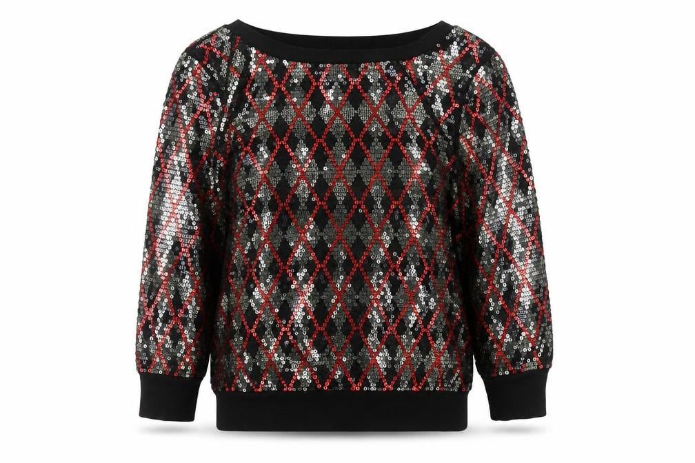 Express Women's Black Sequin Argyle Pullover Sweatshirt Size S