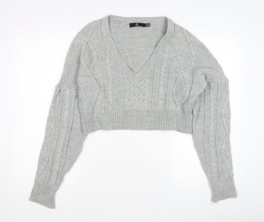 Missguided Women's Grey Cable-Knit V-Neck Acrylic Jumper Size 10
