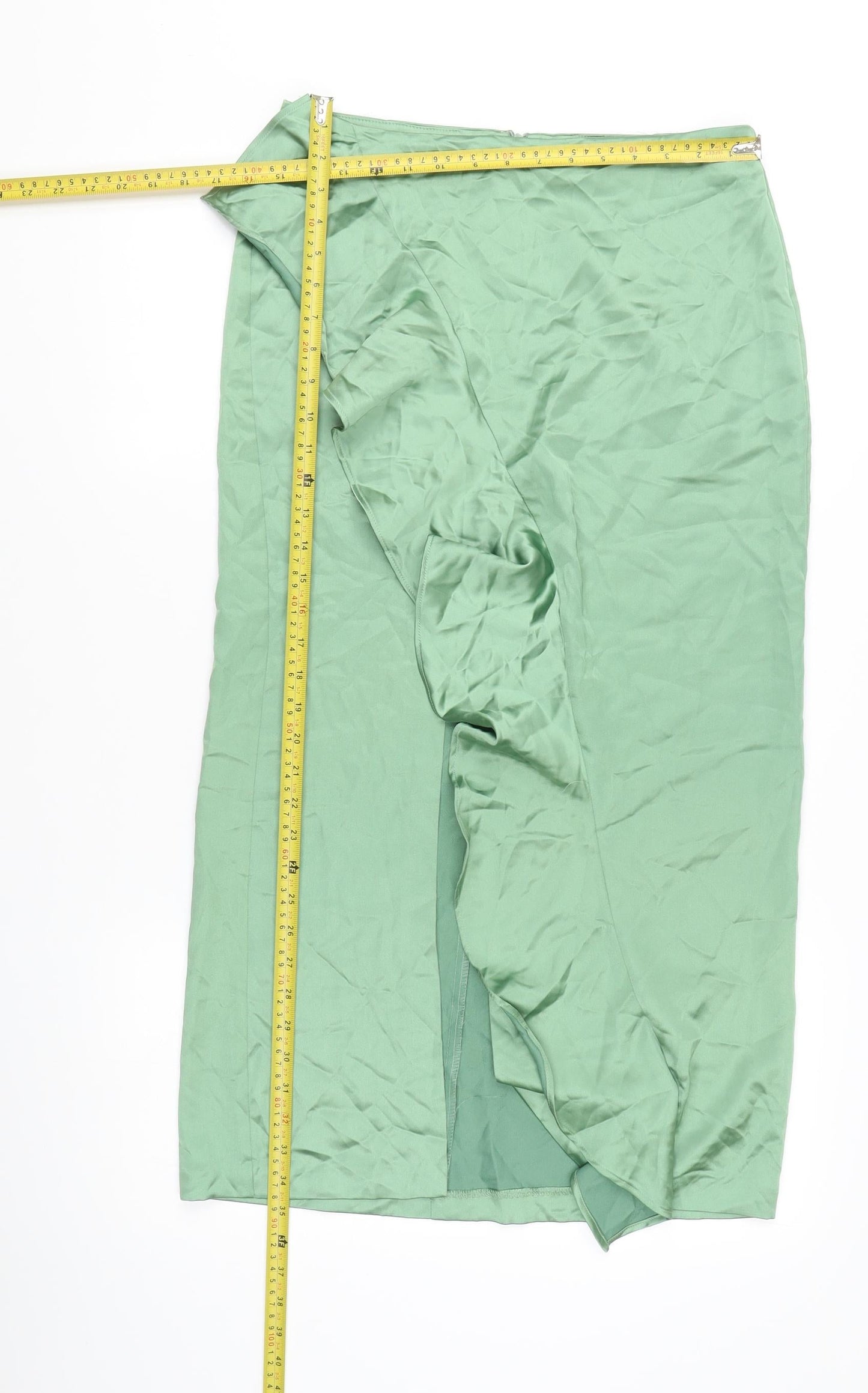 Zara Women’s Green Satin Midi Skirt Size 12 High Rise Slit